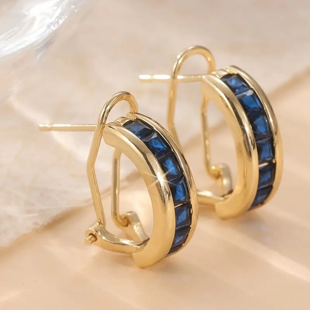 NEW blue channel set CZ omega back earrings gold tone - Picture 4 of 4